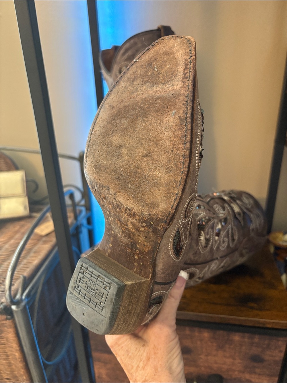 Embellished Brown Western Heeled Cowboy Boots with Cross Detail - Picture 4 of 4